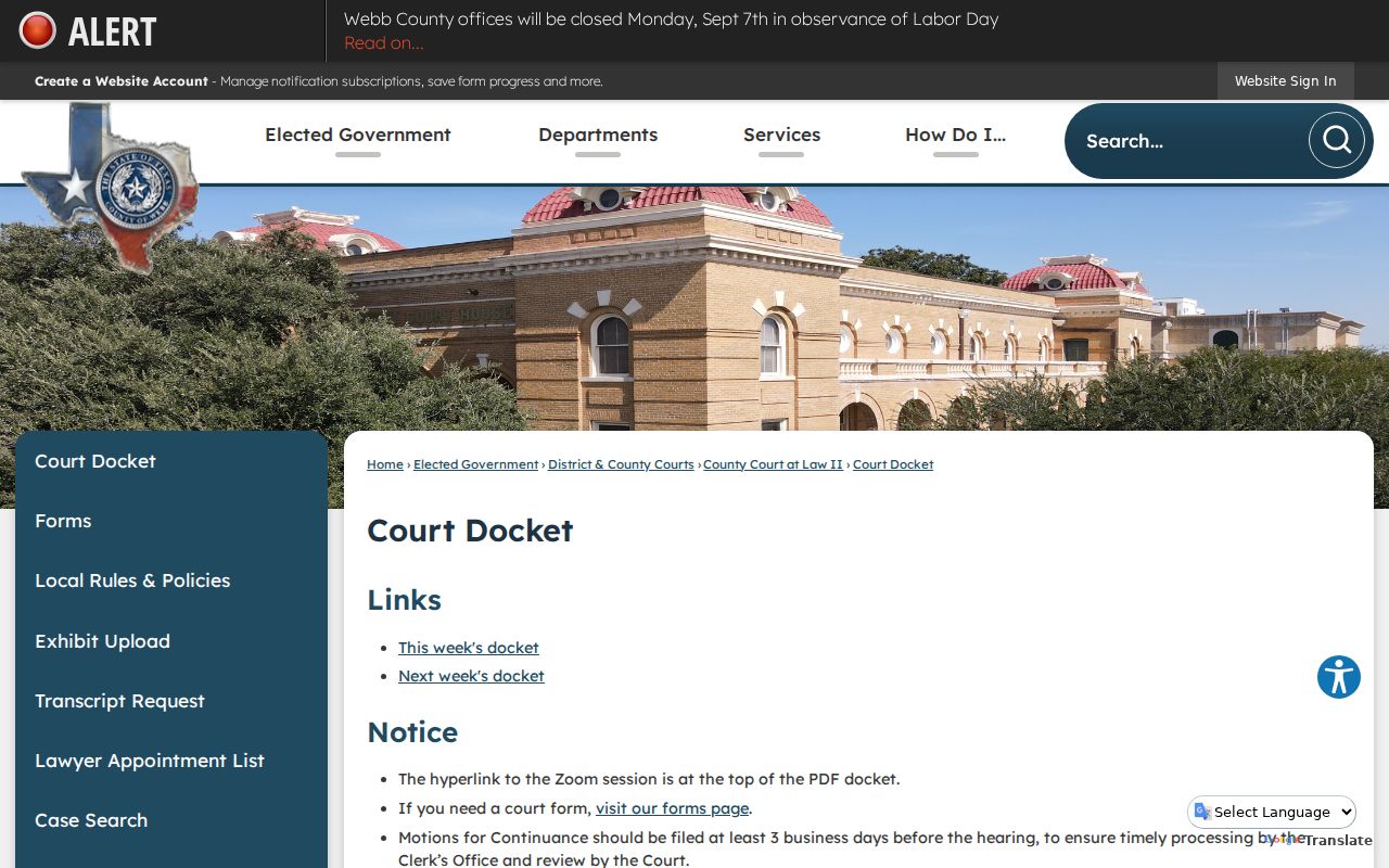 Webb County Court at Law II weekly docket page