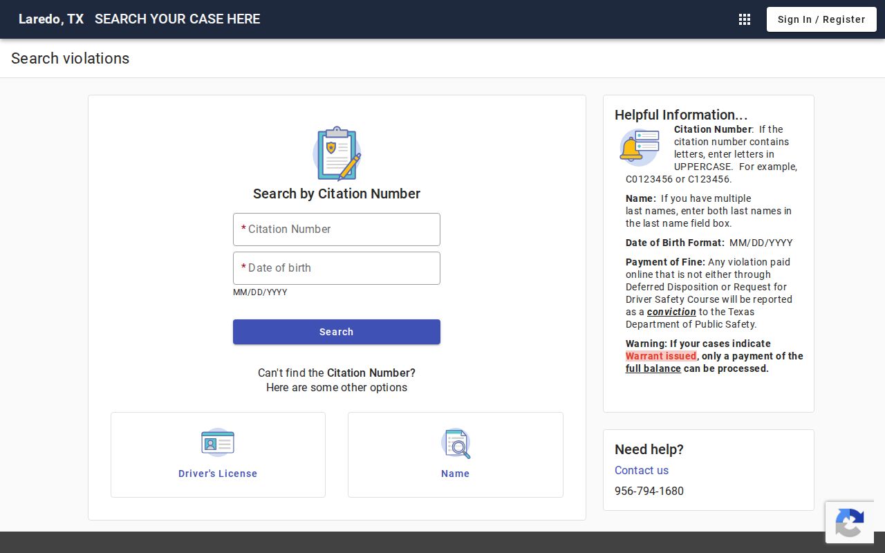 Laredo court citation search fields for citation number and date of birth