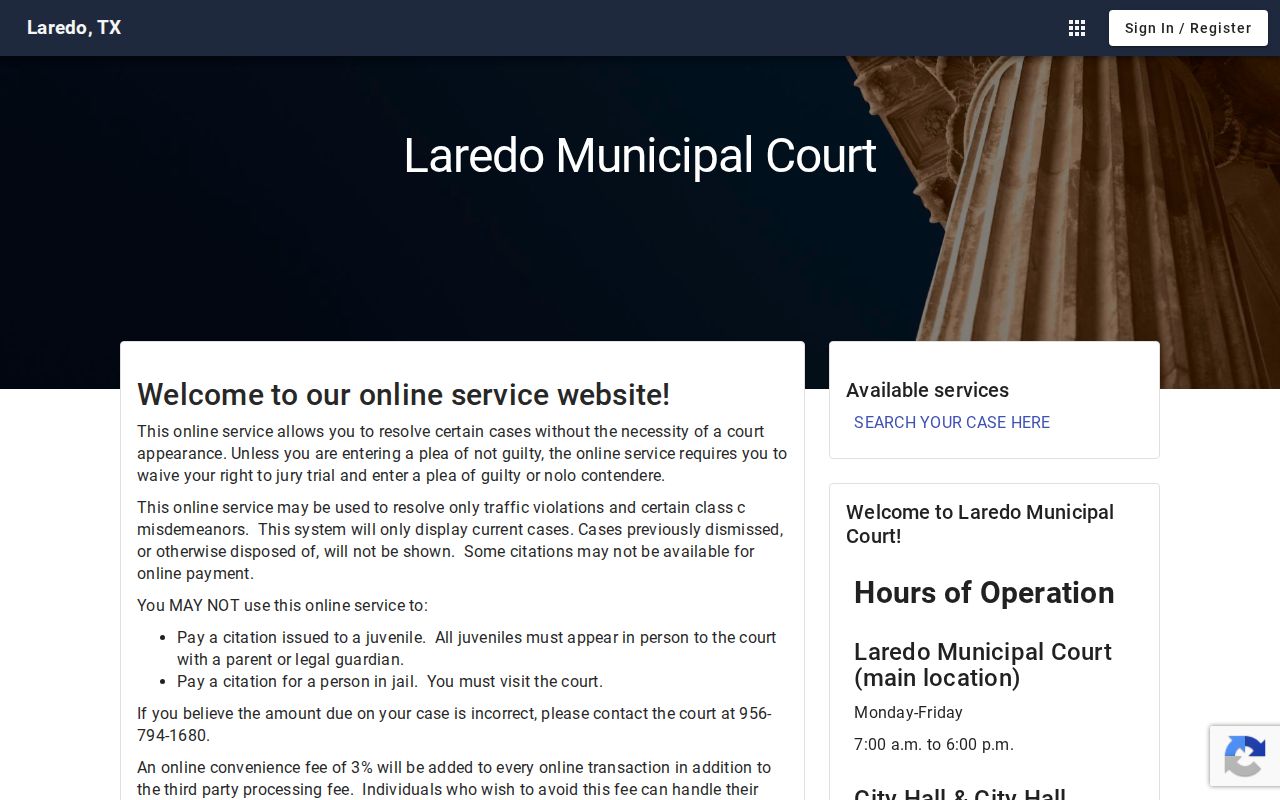 Laredo Municipal Court portal menu for cases and dockets