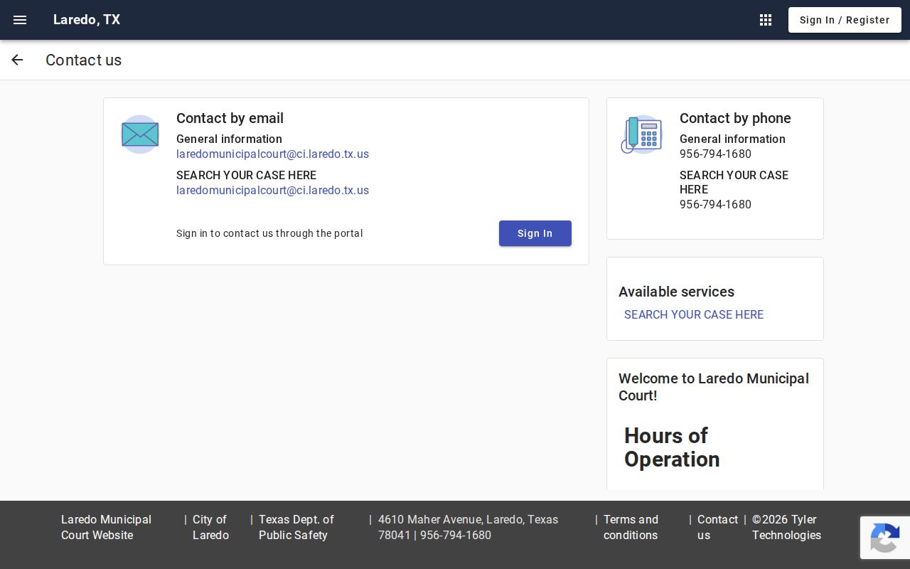 Laredo Municipal Court portal contact page