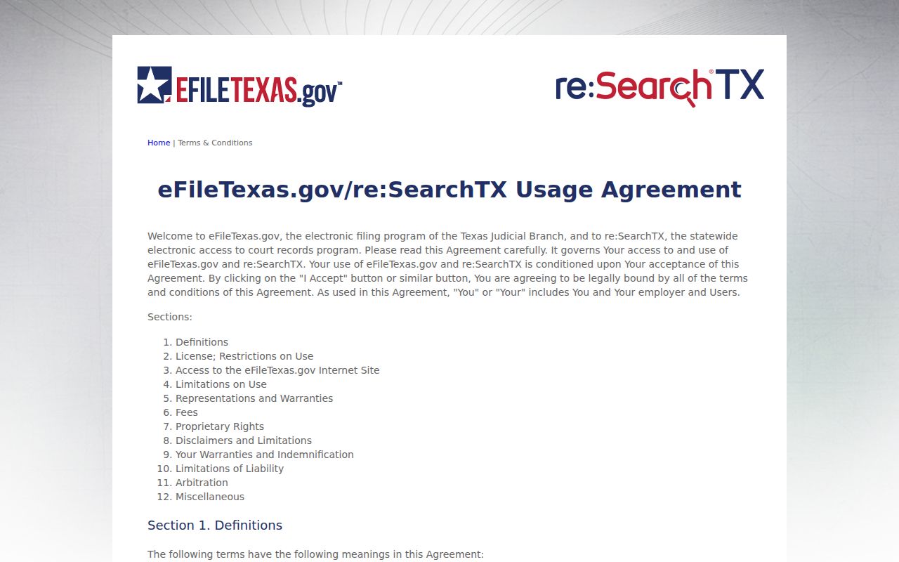 eFileTexas terms for Webb County court record filing and search